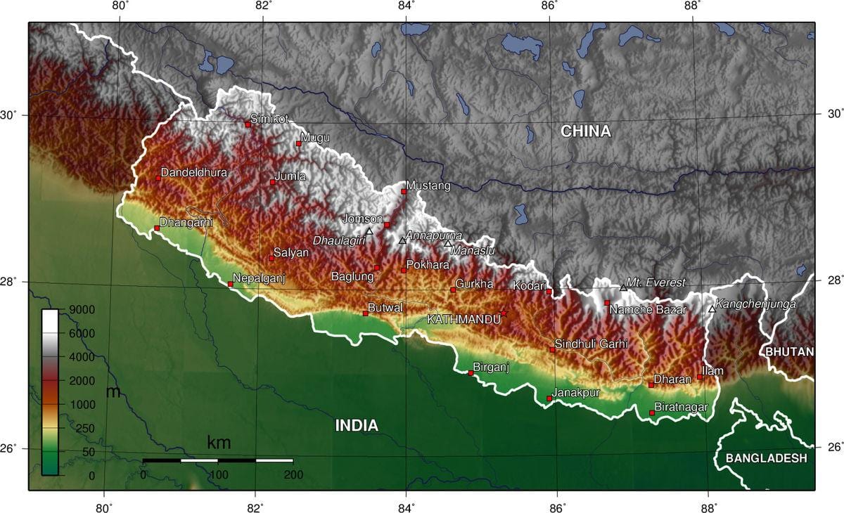 nepal yükseklik haritası
